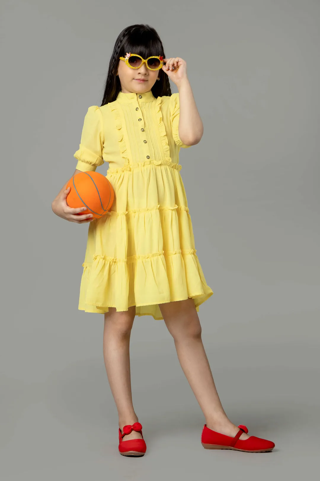 Crayola Yellow Puff Sleeve Ruffle Shirt Dress For Girls