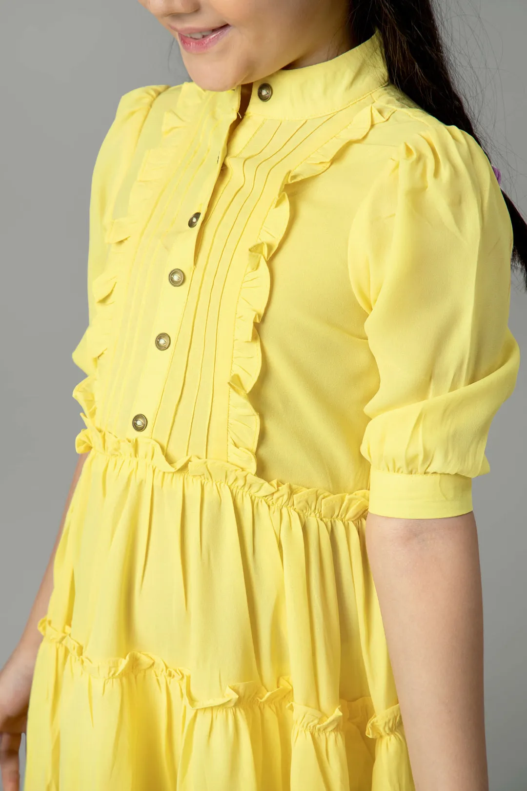 Crayola Yellow Puff Sleeve Ruffle Shirt Dress For Girls