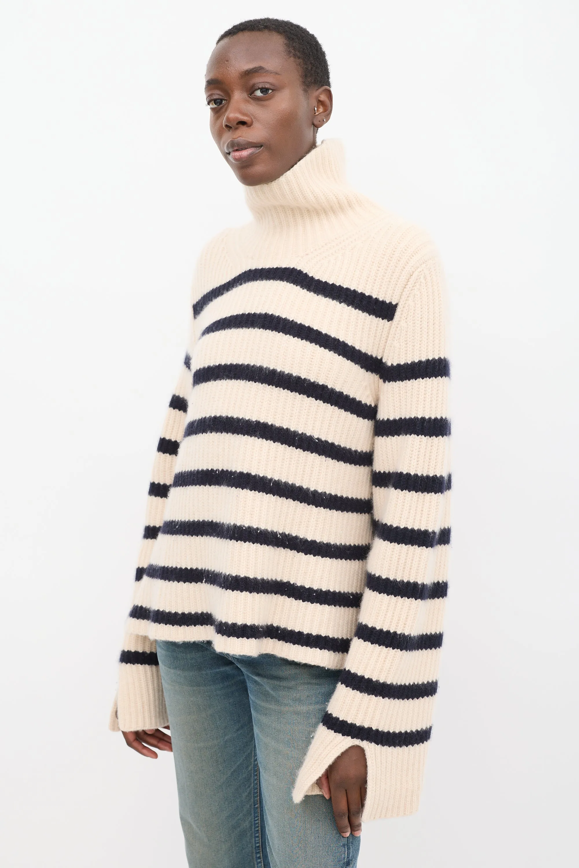 Cream & Navy Cashmere Striped Turtleneck