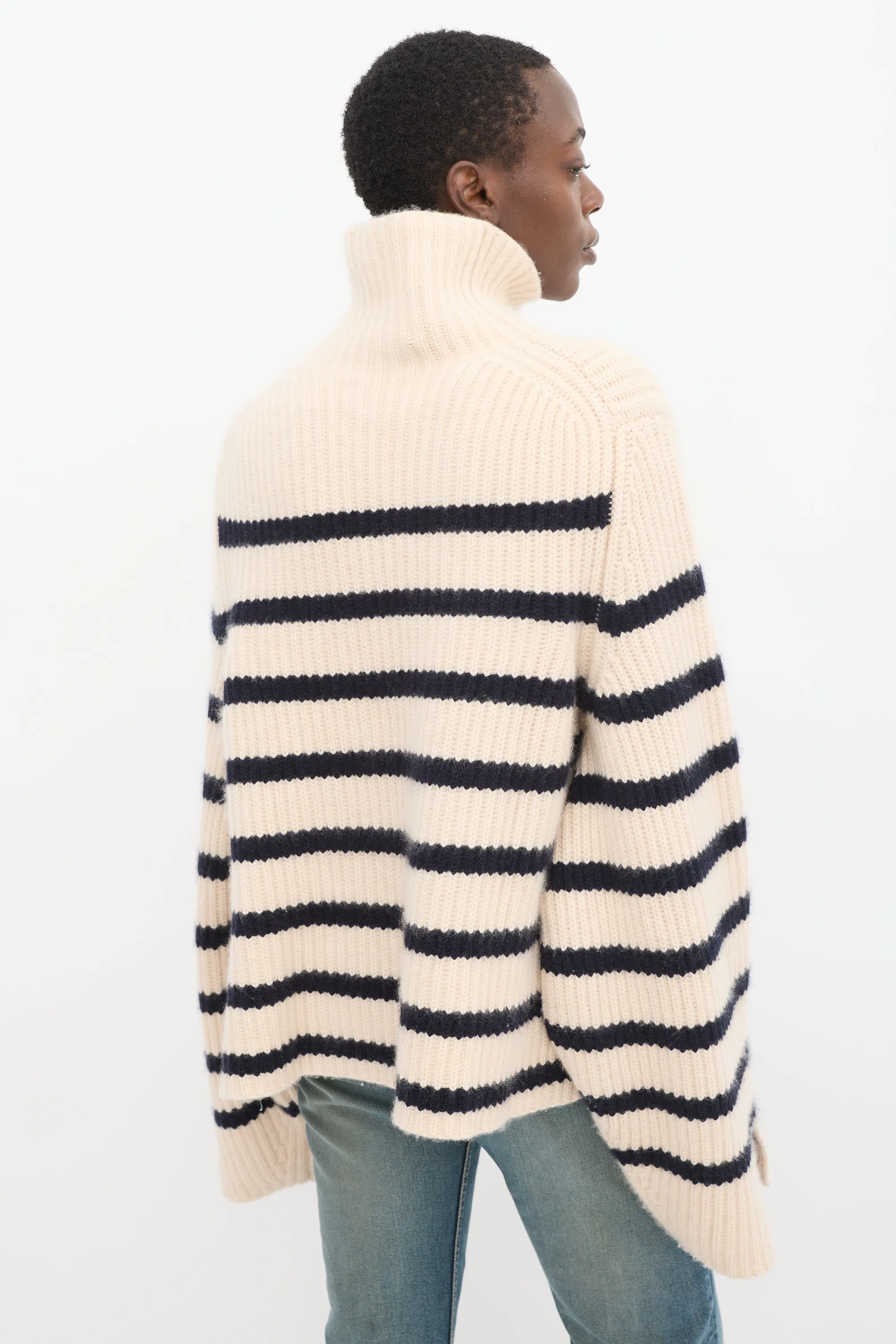 Cream & Navy Cashmere Striped Turtleneck