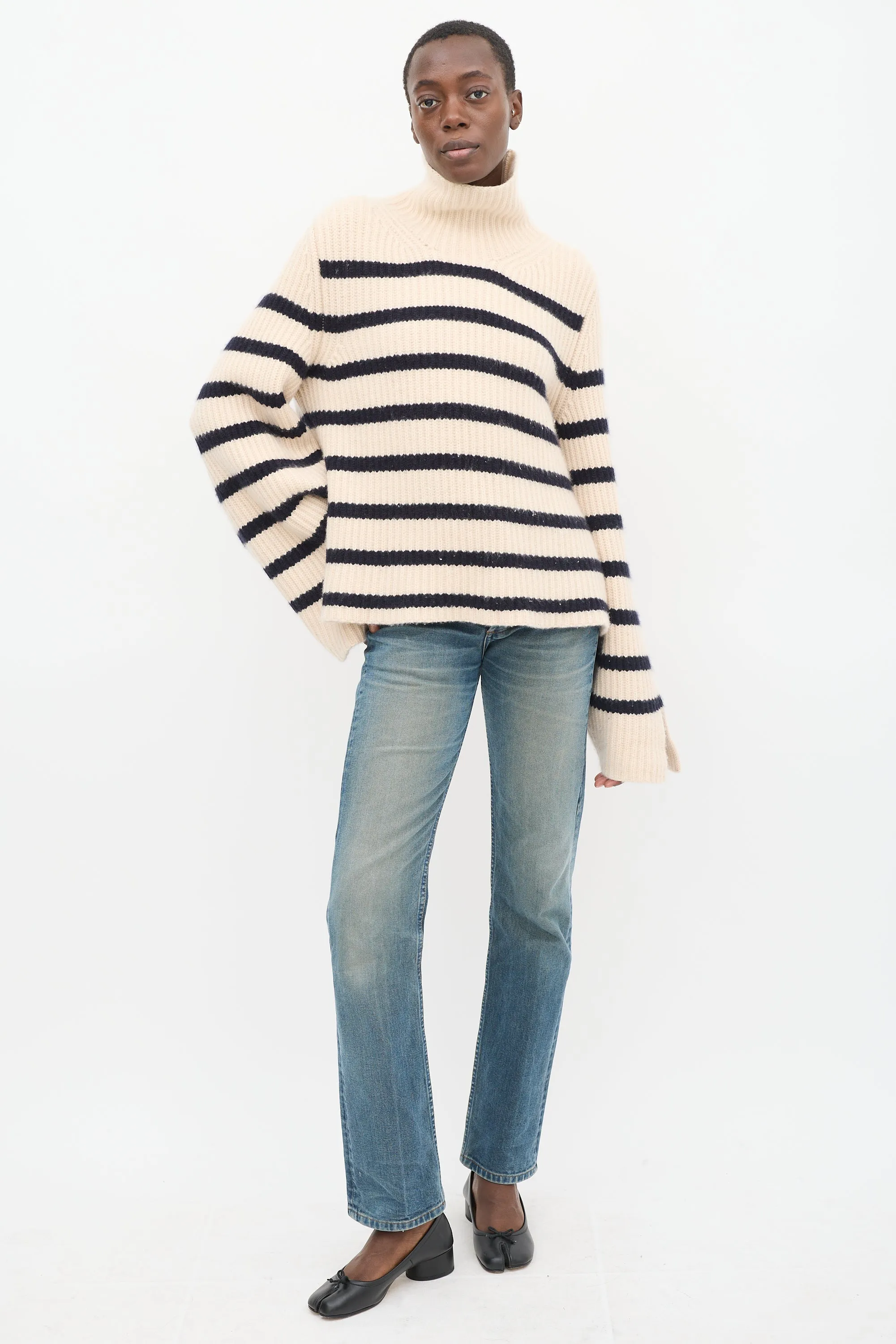 Cream & Navy Cashmere Striped Turtleneck