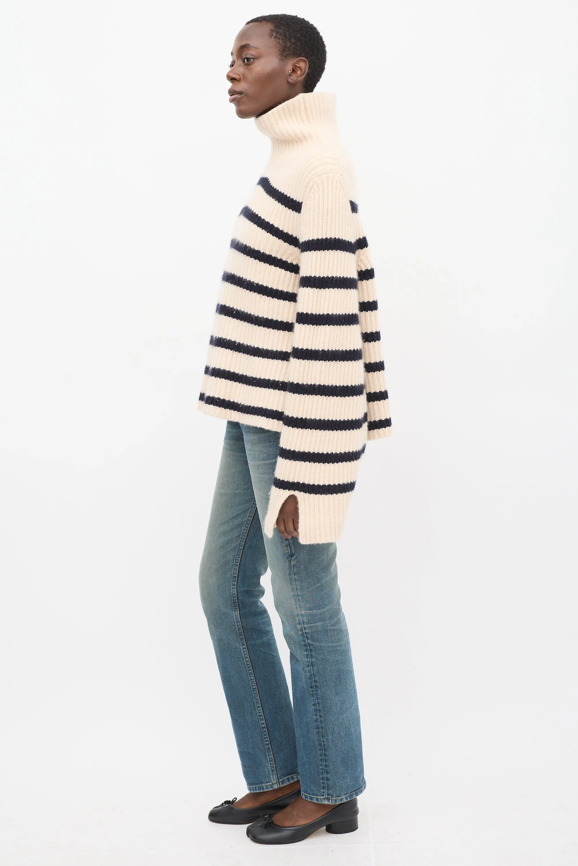 Cream & Navy Cashmere Striped Turtleneck