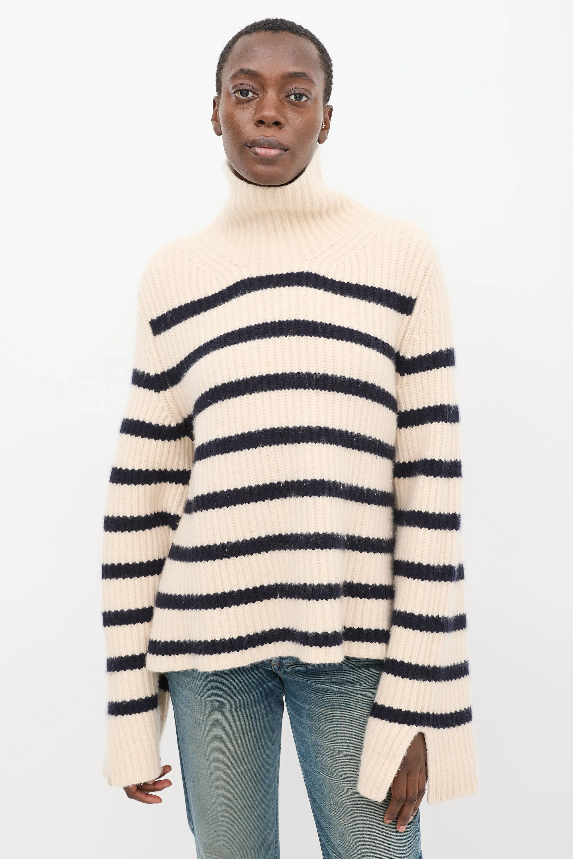 Cream & Navy Cashmere Striped Turtleneck