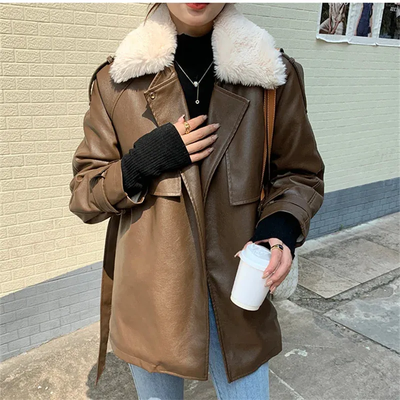 deanwangkt Leather Fur Coat Winter Jacket Women New Fall Lamb Wool Warm Locomotive Coat with Sashes Korean Fashion PU Outwear