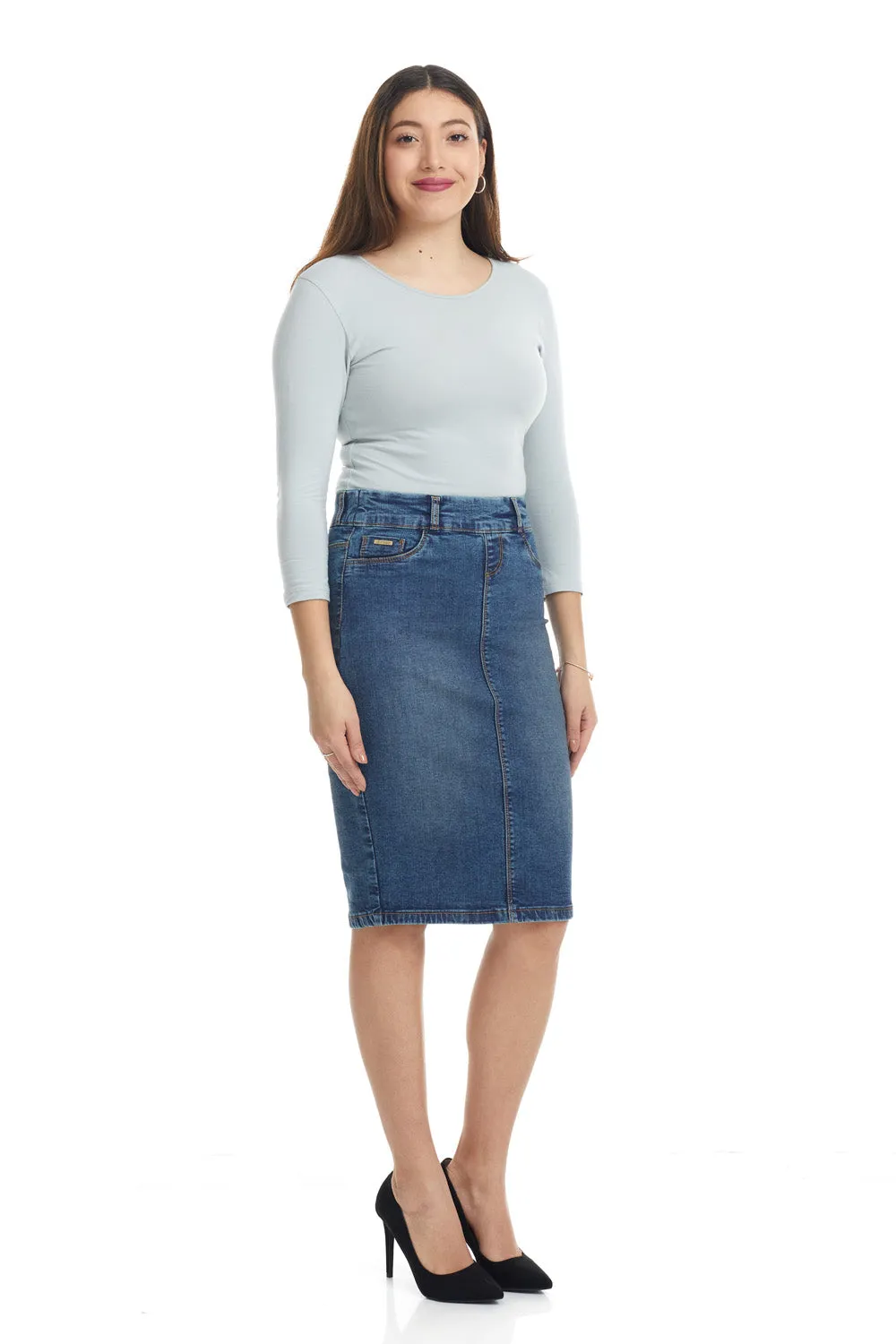 Denim below knee length denim jean skirt 'Brooklyn'