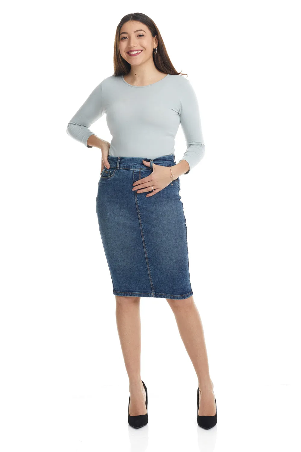 Denim below knee length denim jean skirt 'Brooklyn'