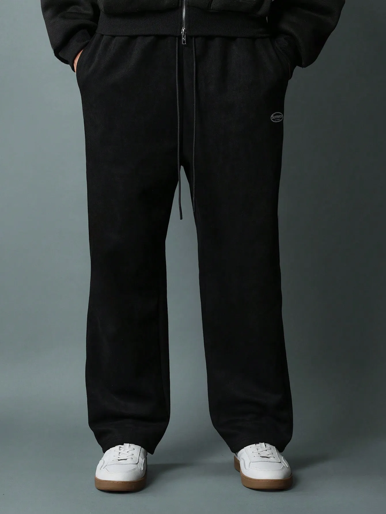 Drop Crotch Suedette Sweatpants With Logo Embroidery & Drawstrings