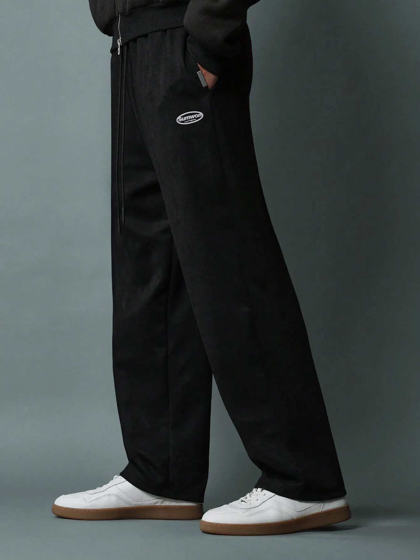 Drop Crotch Suedette Sweatpants With Logo Embroidery & Drawstrings