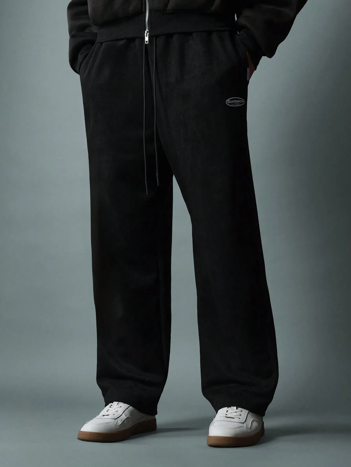 Drop Crotch Suedette Sweatpants With Logo Embroidery & Drawstrings