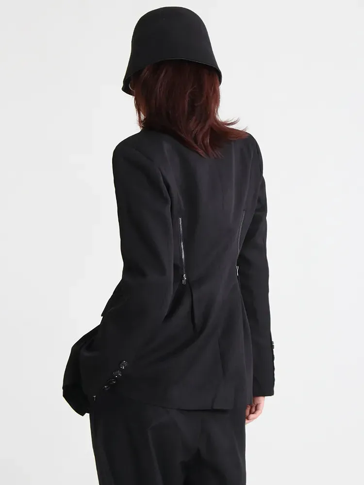 Elegant Solid Blazer For Women Notched Collar Long Sleeve Patchwork Zipper Ruched Korean Blazers Female Clothes