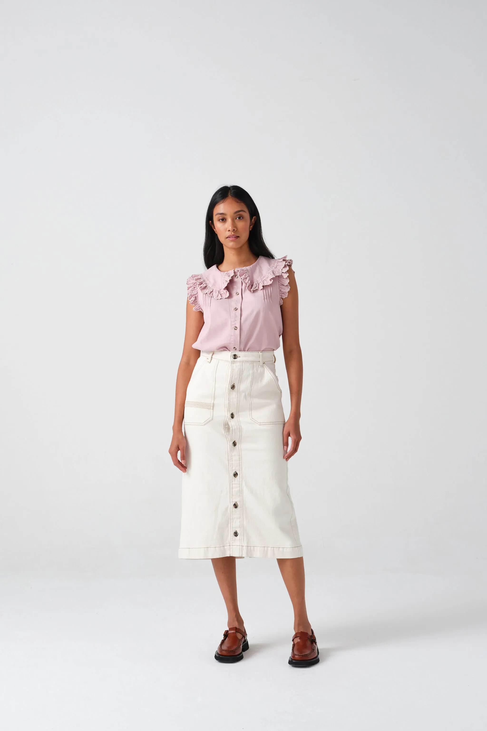 Elodie Midi Skirt in Ecru Denim