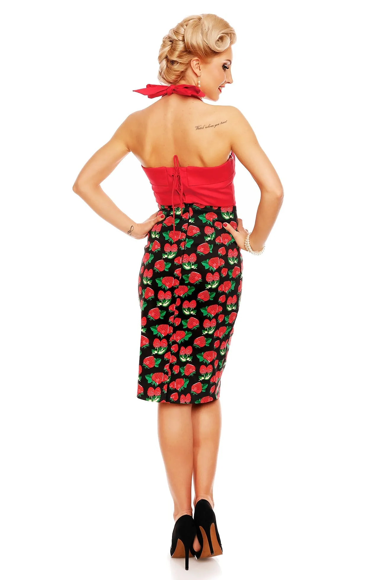 Falda 50s Style Pencil Skirt in Black Strawberry