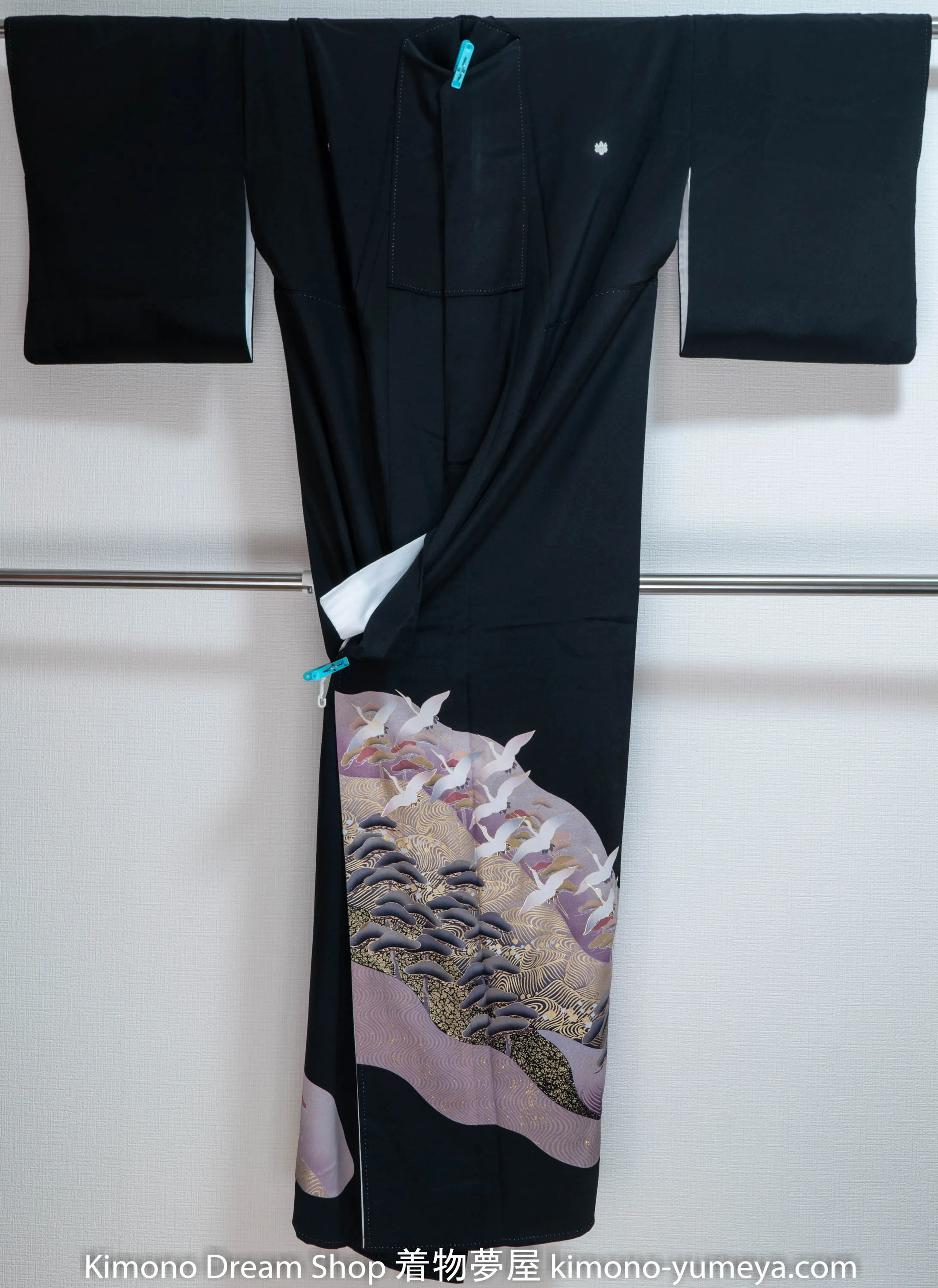 Flock of Herons Purple Skies Tomesode Vintage Silk Kimono Golden Hills Mountains Trees Japan Scenery