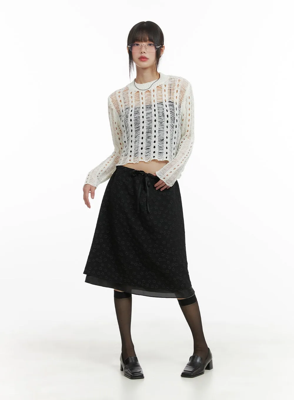 Floral Mesh Midi Skirt CA412