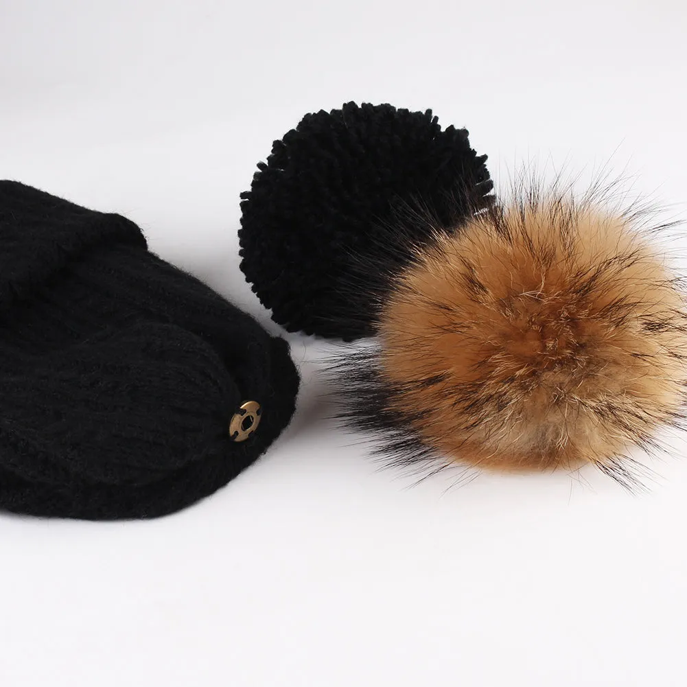 FURTALK Winter Women Real Fur Pom Pom Hat and Scarf Drop Shipping AD003