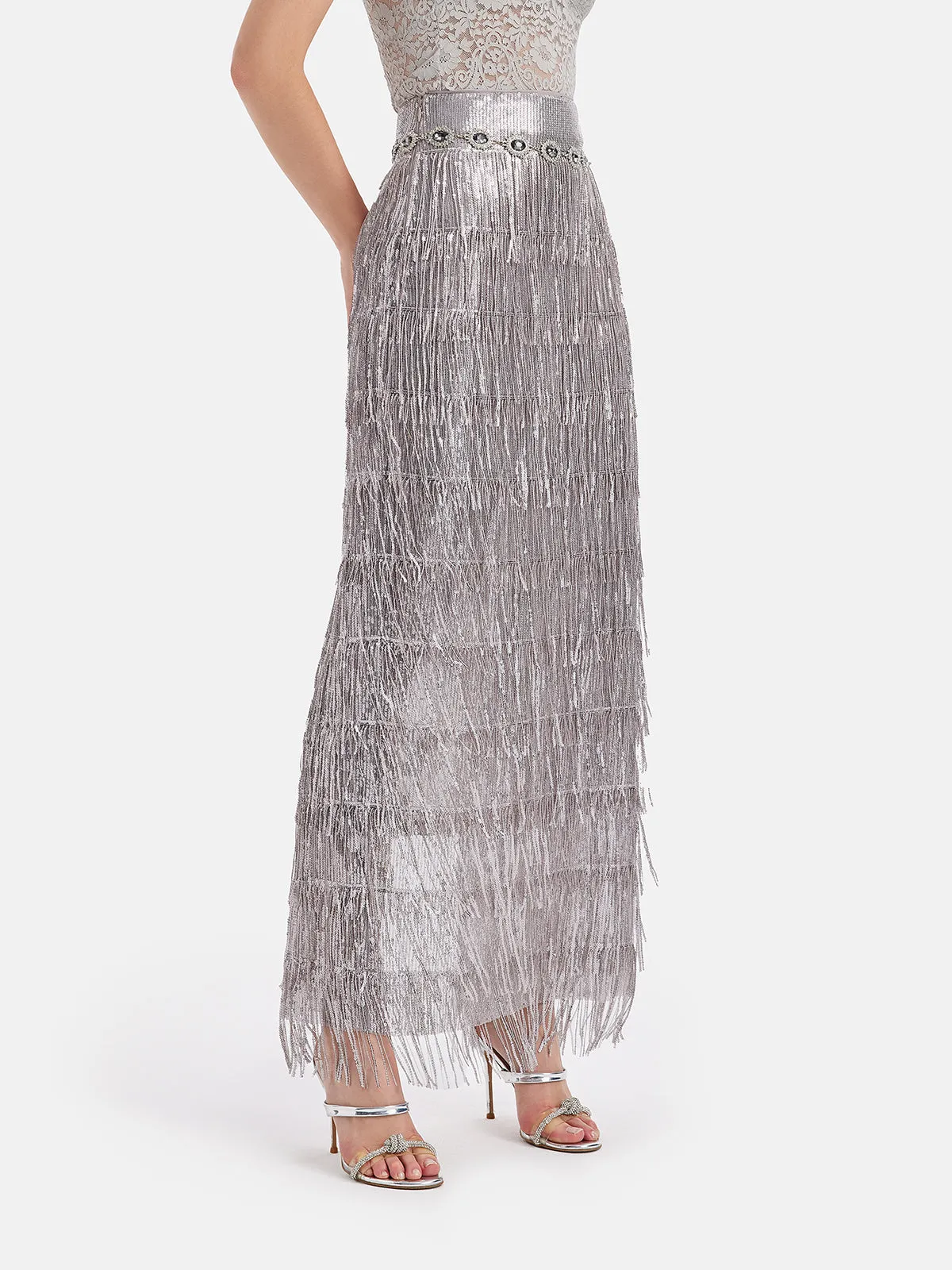 Galactic Sparkle Sequin Fringe Maxi Skirt (with Waist Chain)