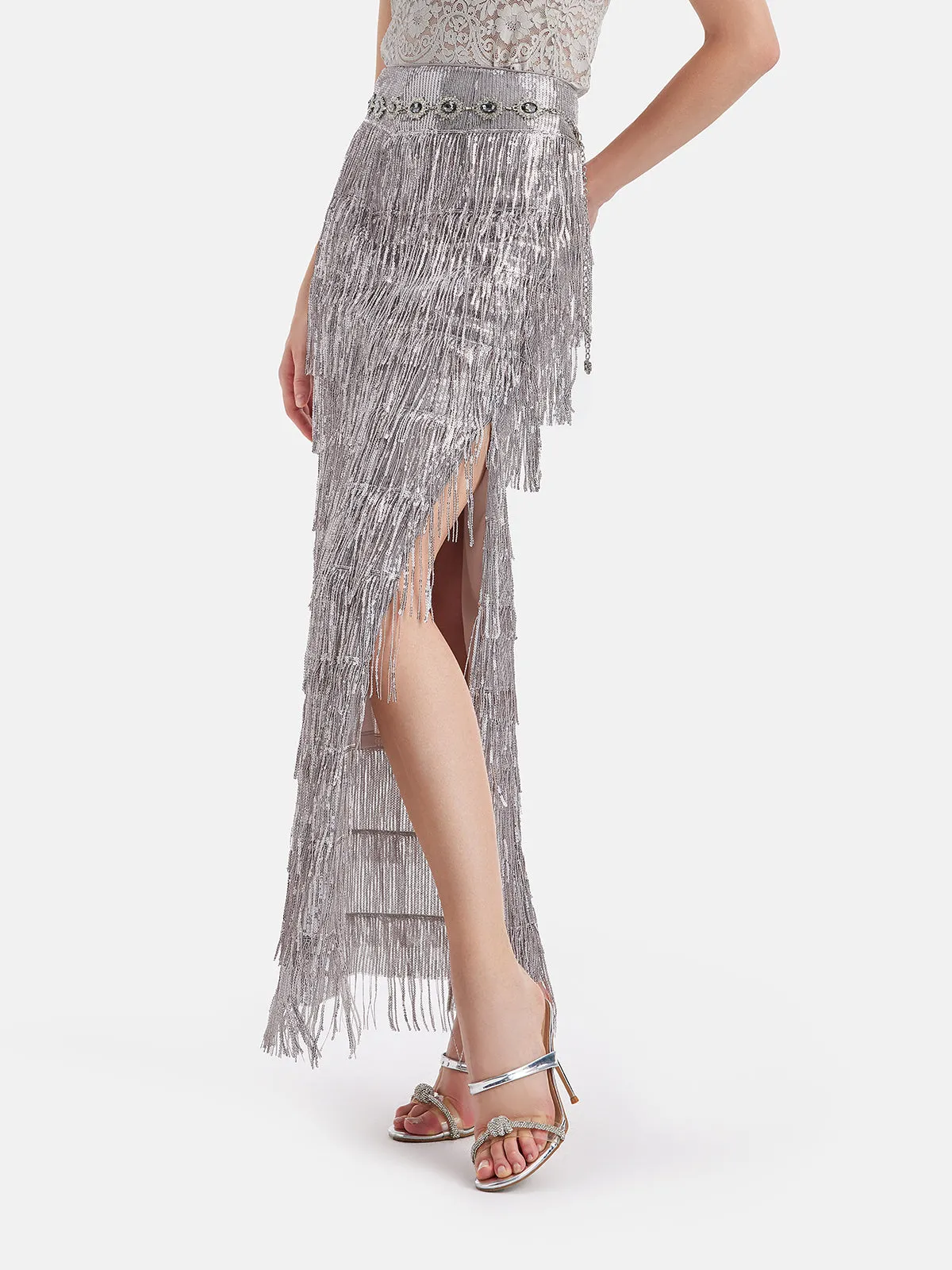 Galactic Sparkle Sequin Fringe Maxi Skirt (with Waist Chain)