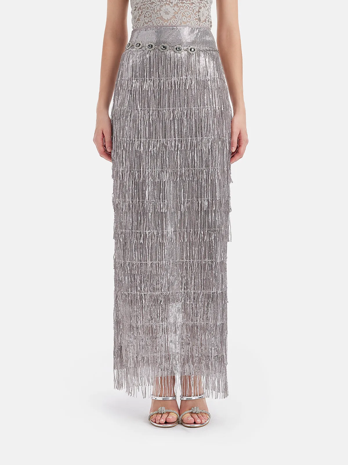 Galactic Sparkle Sequin Fringe Maxi Skirt (with Waist Chain)