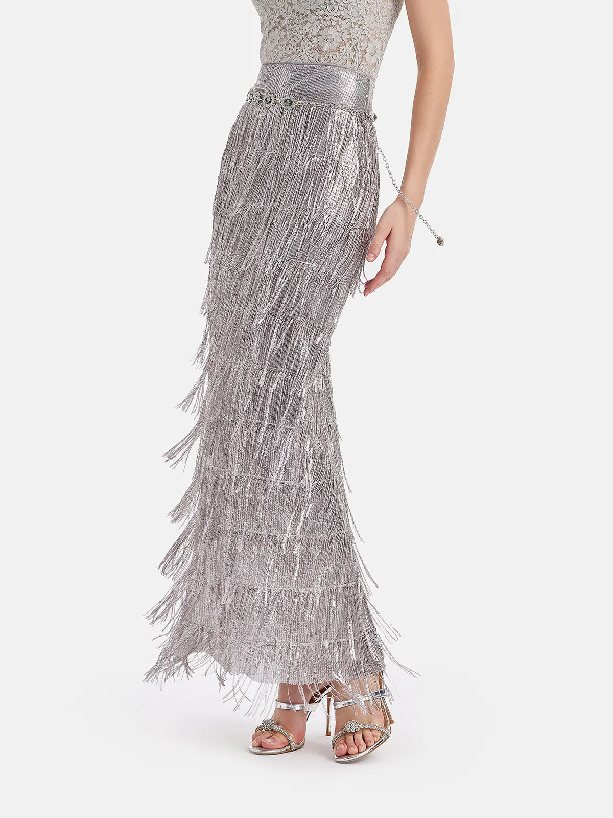 Galactic Sparkle Sequin Fringe Maxi Skirt (with Waist Chain)