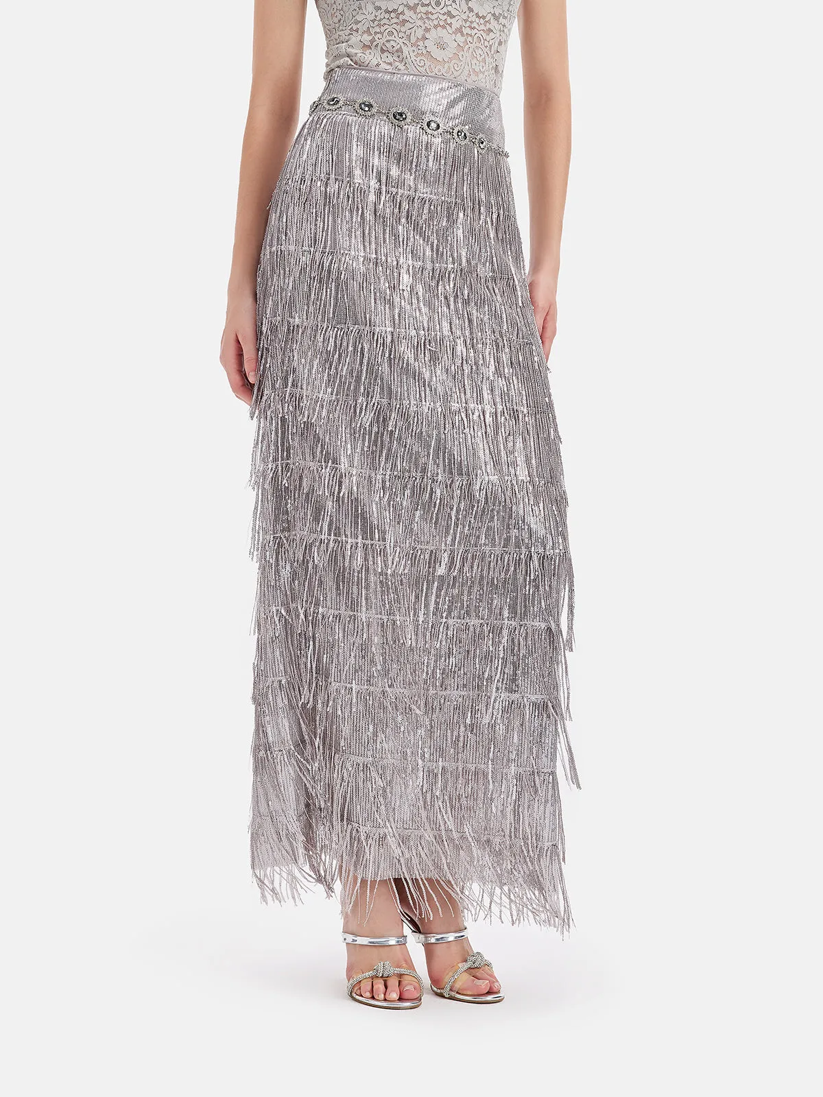 Galactic Sparkle Sequin Fringe Maxi Skirt (with Waist Chain)