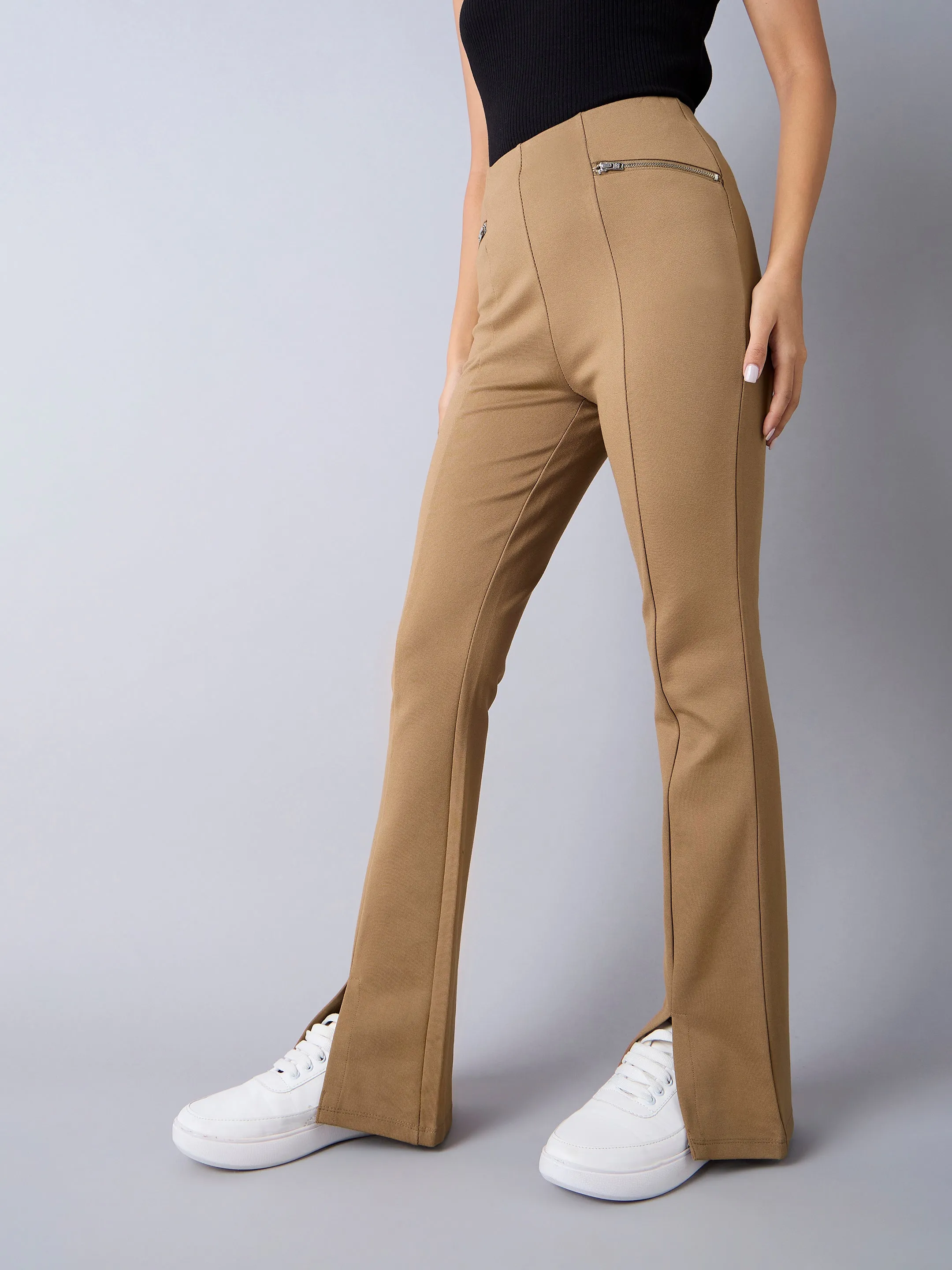 Girls Tan Front Slit Bell Bottom Zipper Detail Pants