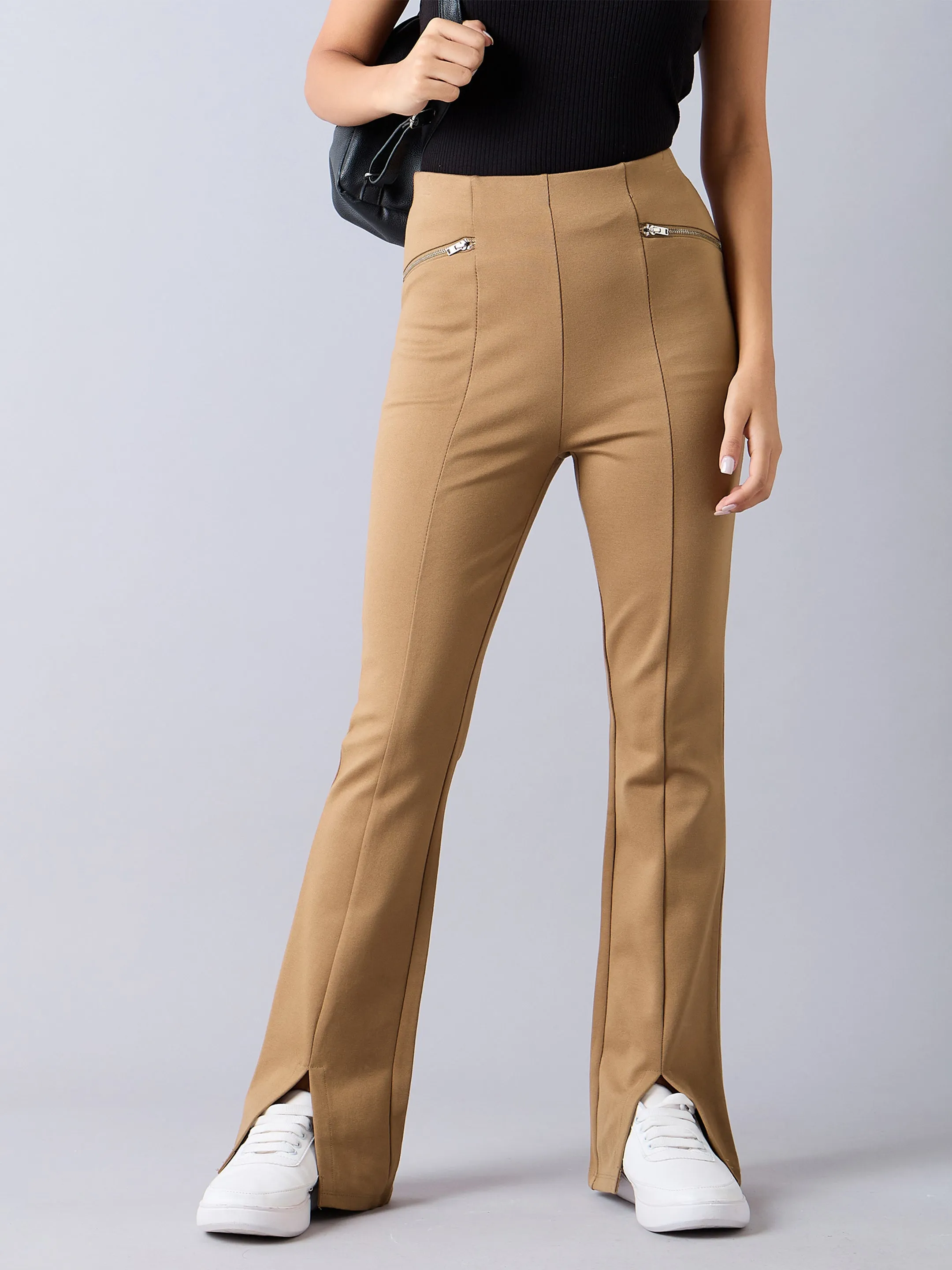 Girls Tan Front Slit Bell Bottom Zipper Detail Pants