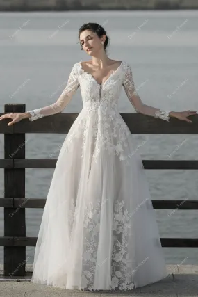 Gorgeous Lace Sheer Sleeve Plunging Floor Length Nude Bridal Dress