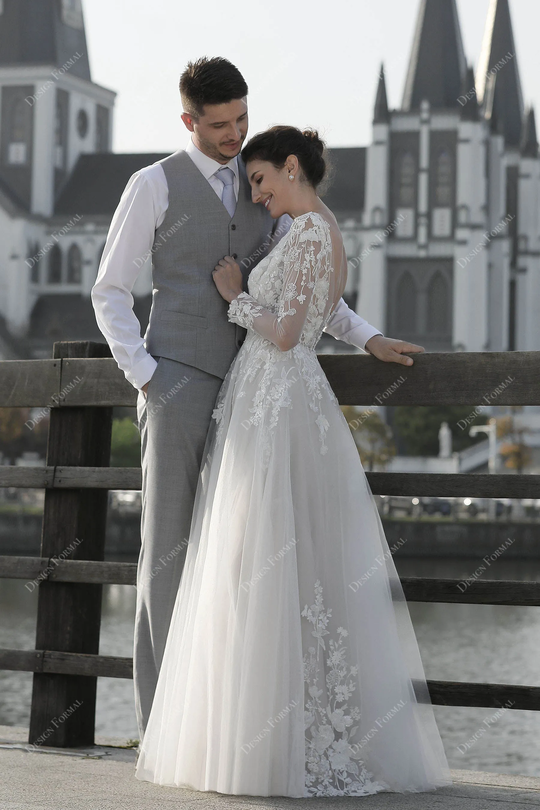 Gorgeous Lace Sheer Sleeve Plunging Floor Length Nude Bridal Dress