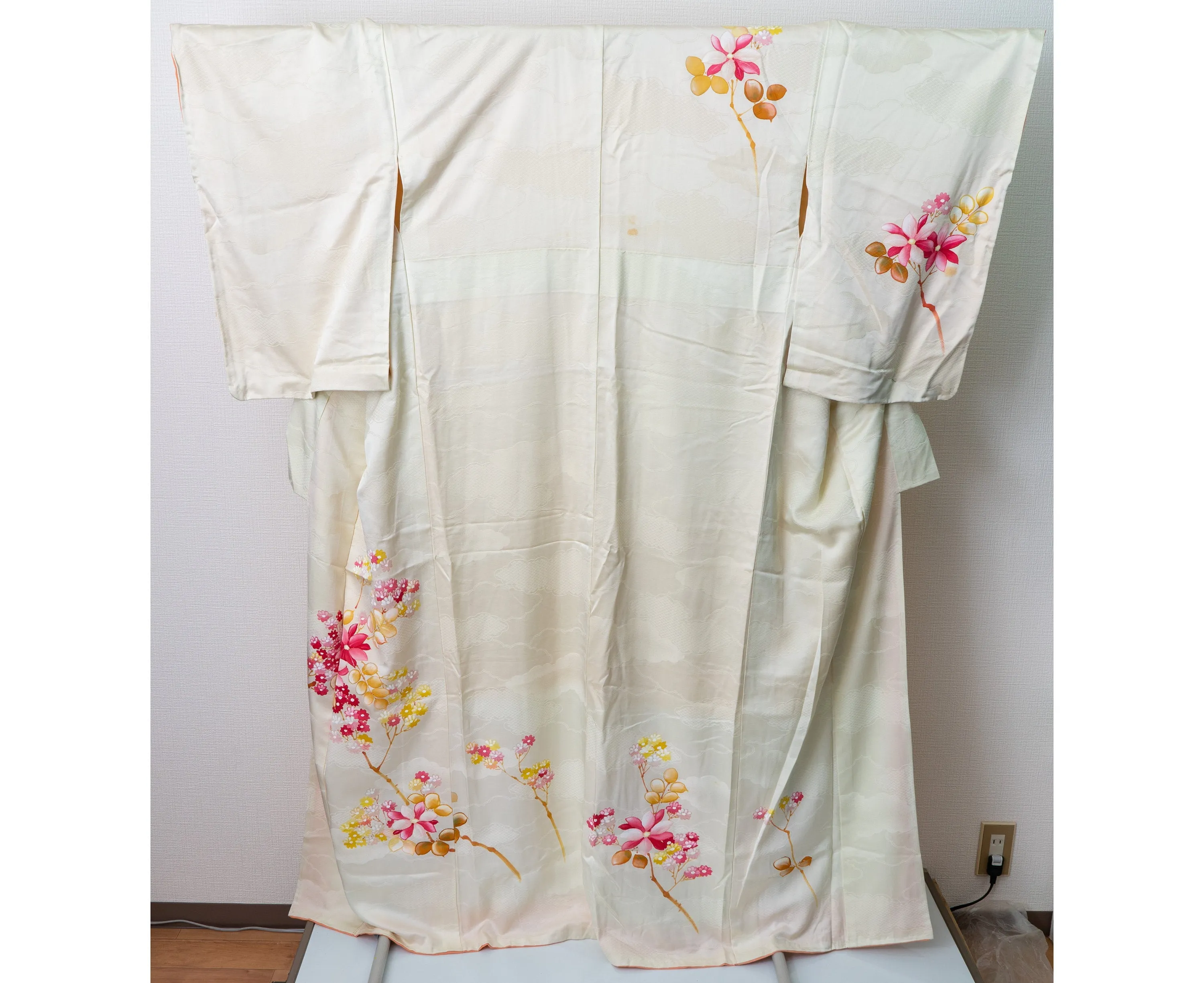 Hand Painted Silk Houmongi - Gorgeous Pink, Yellow, and White Flowers