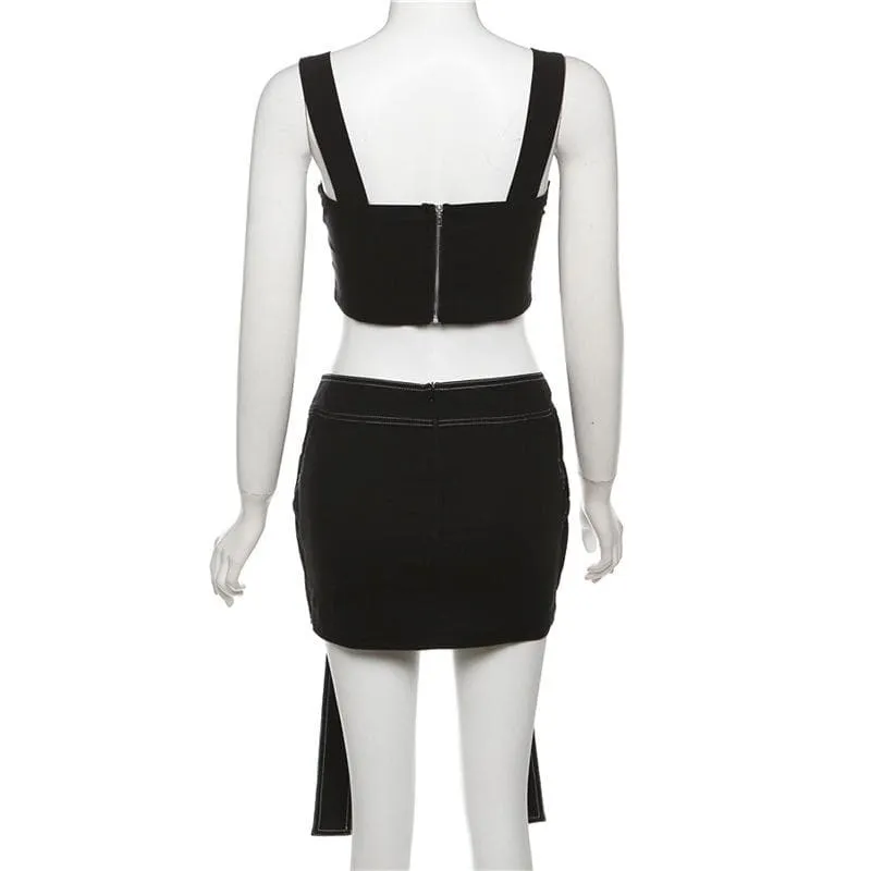 Hollow out stitch cross front zip-up cami mini skirt set