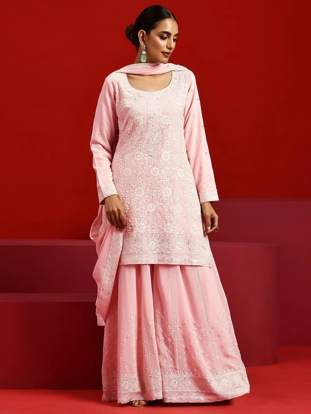 Jashvi Art Peach Embroidered Georgette Straight Suit With Dupatta