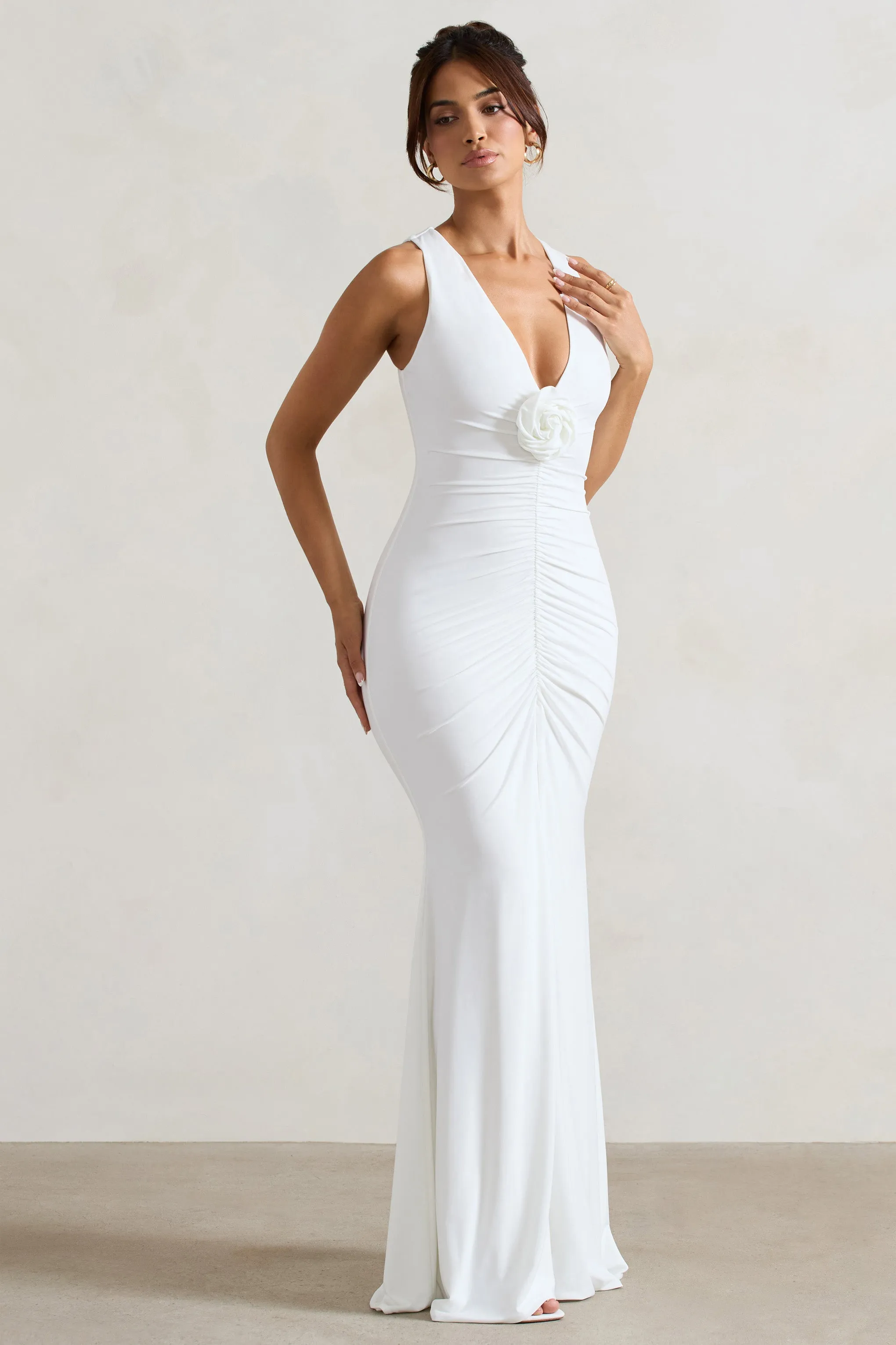 Julianna | White Plunge-Neck Ruched Maxi Dress With Corsage