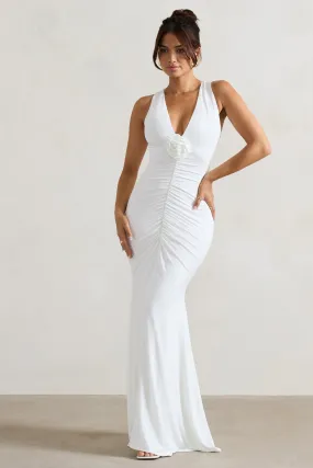 Julianna | White Plunge-Neck Ruched Maxi Dress With Corsage