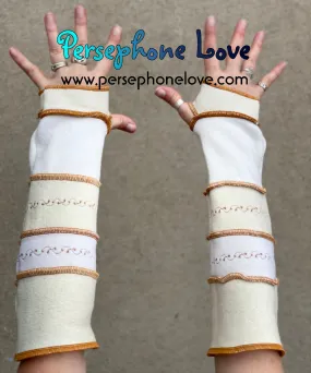 Katwise inspired needle-felted ivory 100% cashmere embroidered upcycled sweater arm warmers-1410