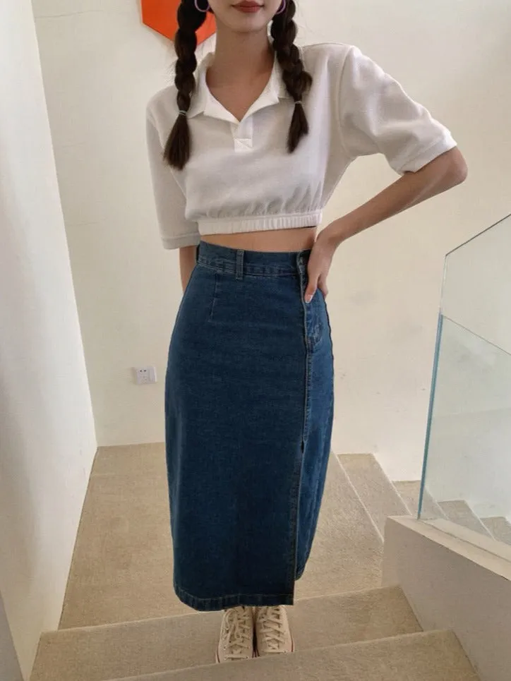 [Korean Style] Asymmetrical High Waist Denim Midi Pencil Skirt w/ Slit