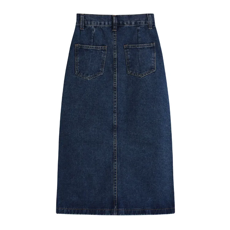 [Korean Style] Asymmetrical High Waist Denim Midi Pencil Skirt w/ Slit