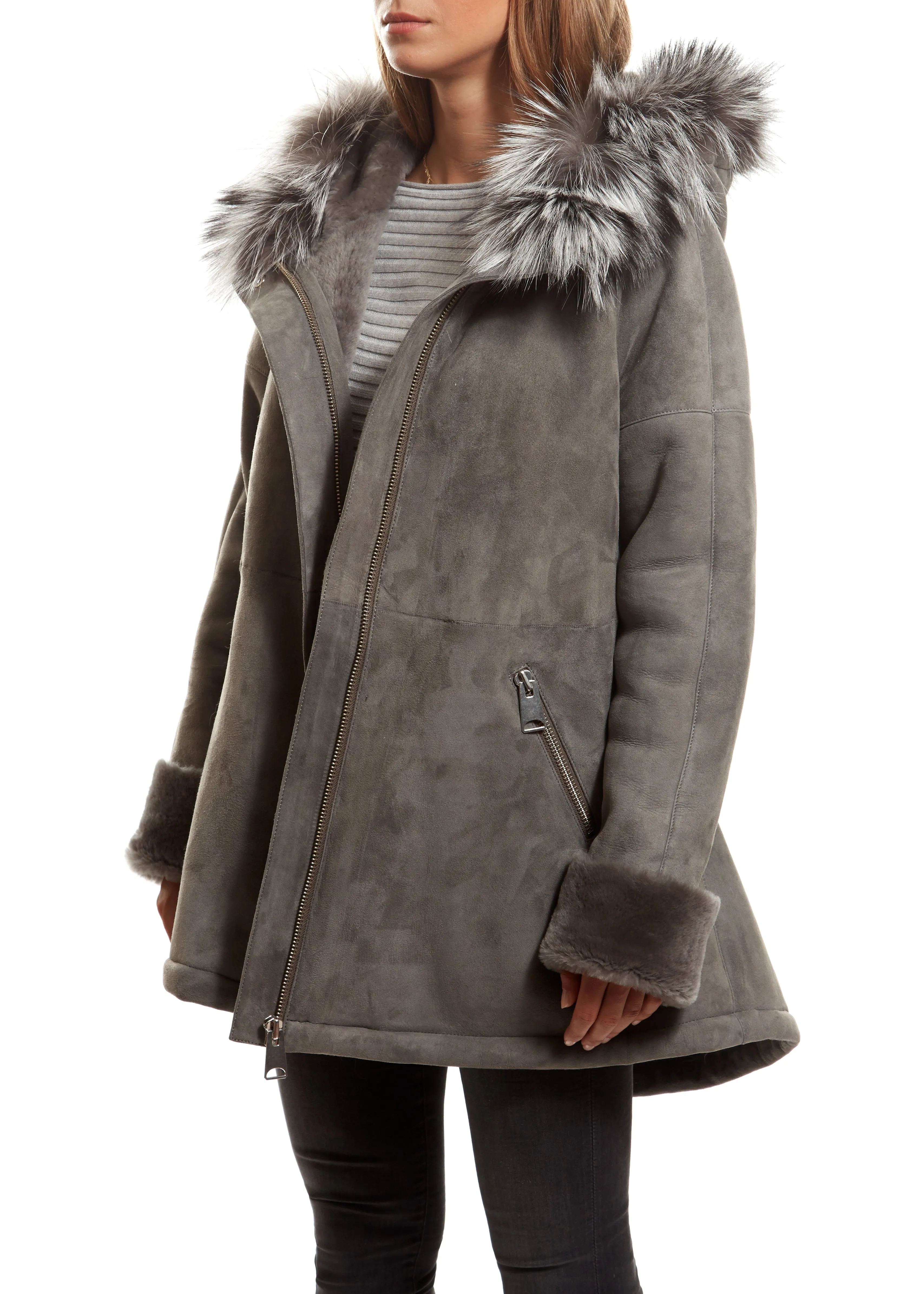 Light Grey Sheepskin Duffle Coat