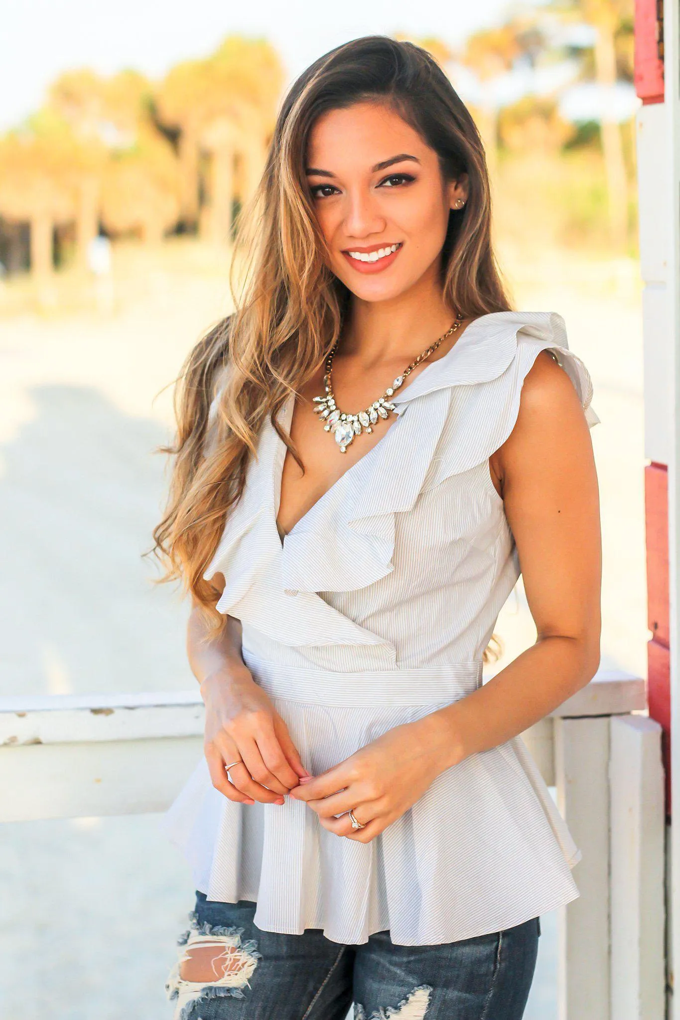 Light Taupe Striped Ruffle Top