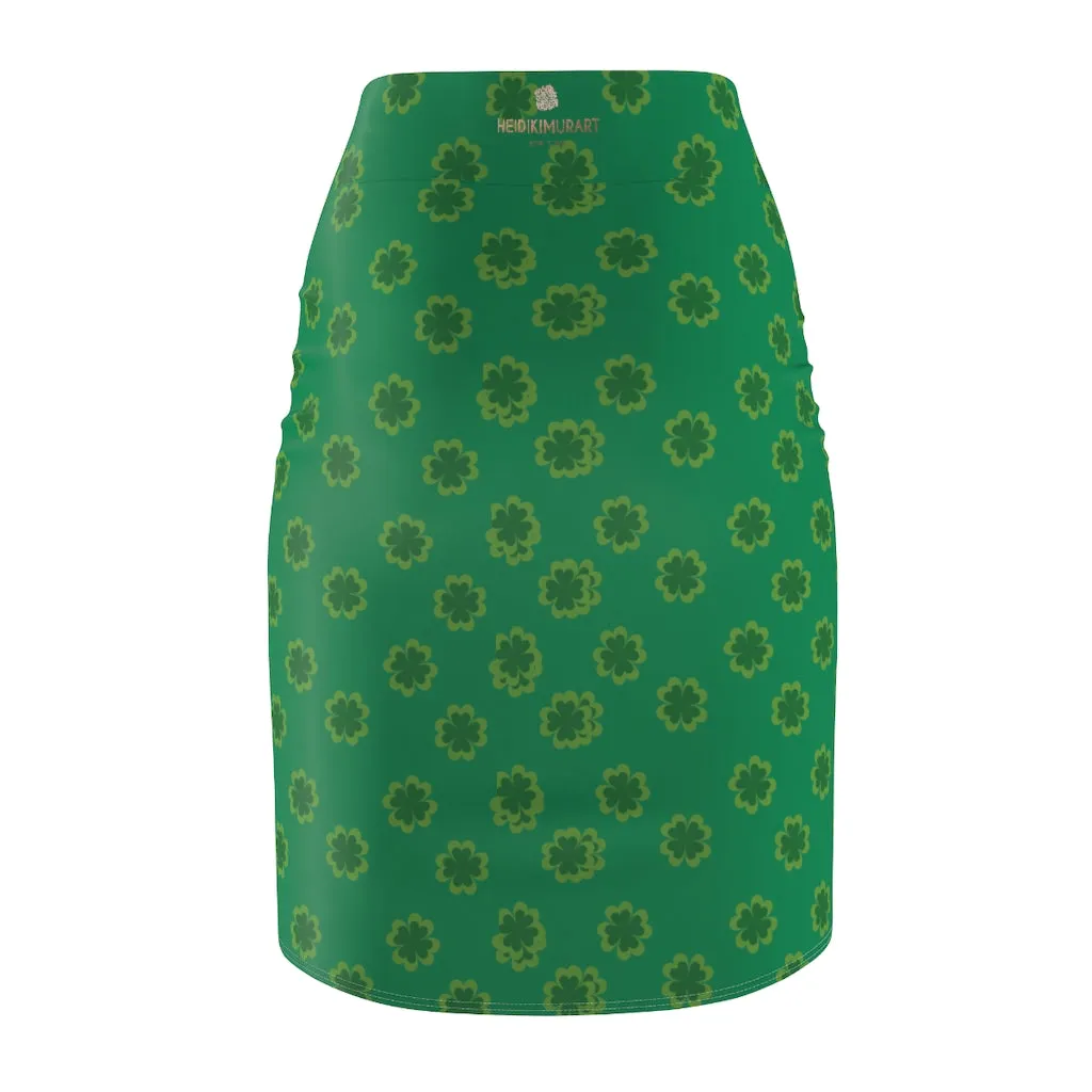 Lucky Irish Clover Pencil Skirt, Dark Green Clover Leaf Print St. Patrick's Day Women's Pencil Skirt- Made in USA