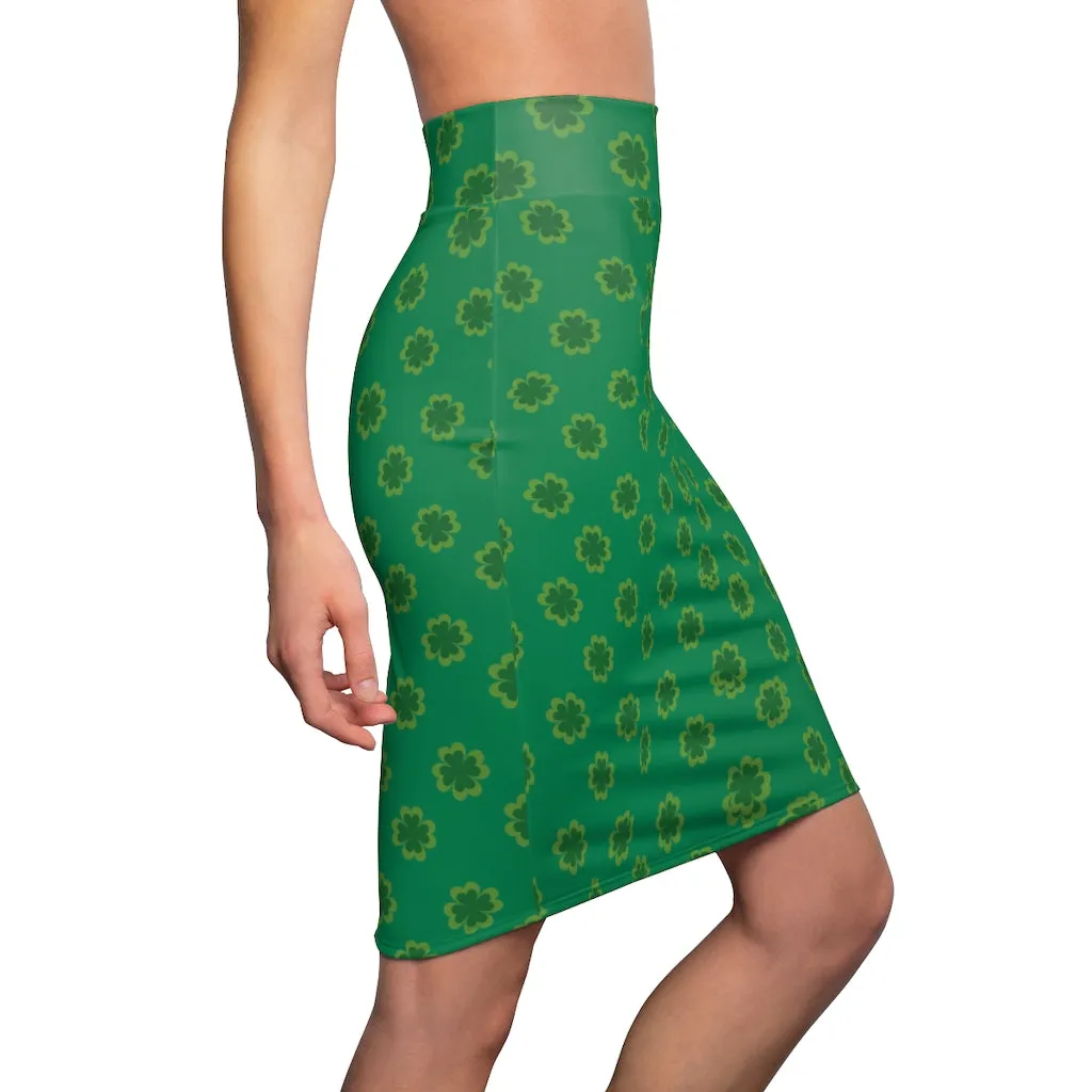 Lucky Irish Clover Pencil Skirt, Dark Green Clover Leaf Print St. Patrick's Day Women's Pencil Skirt- Made in USA