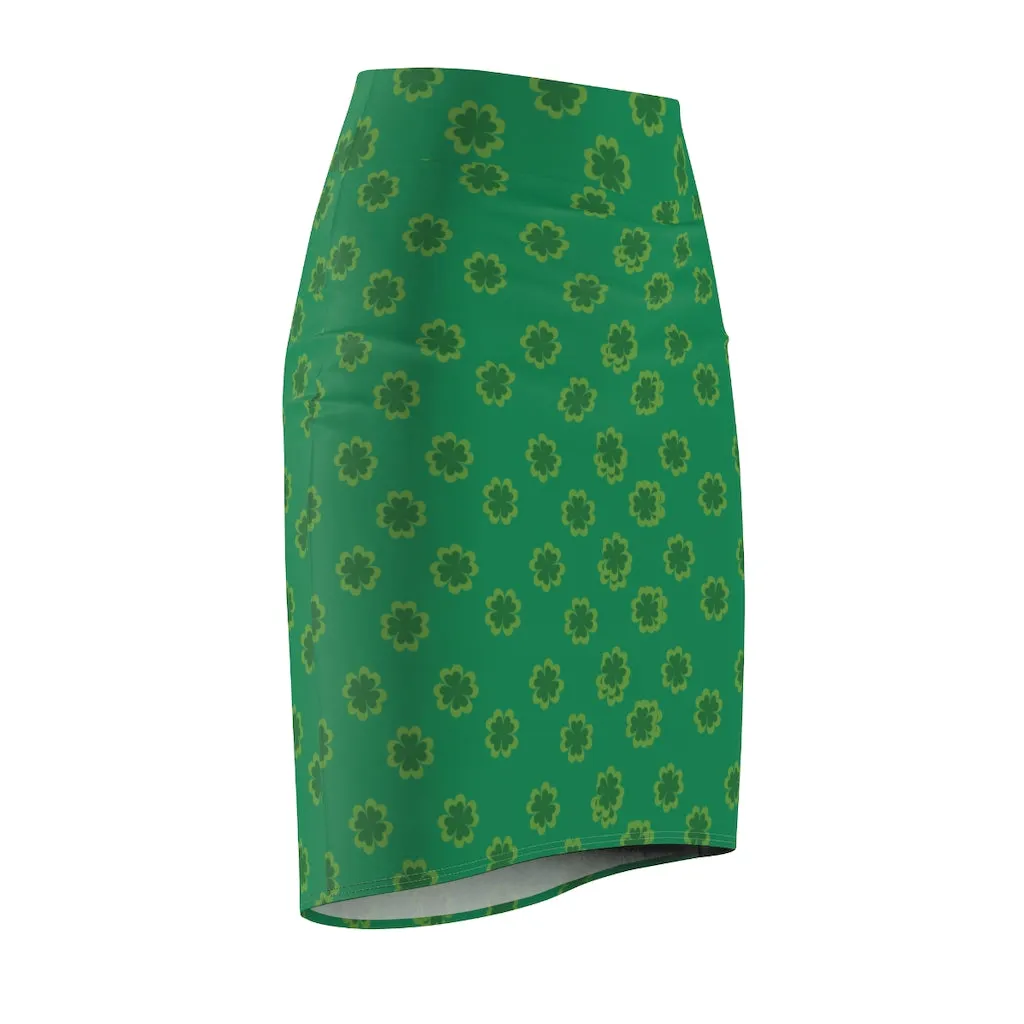 Lucky Irish Clover Pencil Skirt, Dark Green Clover Leaf Print St. Patrick's Day Women's Pencil Skirt- Made in USA