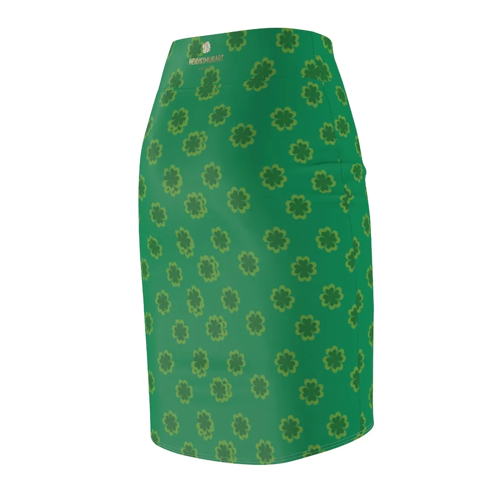 Lucky Irish Clover Pencil Skirt, Dark Green Clover Leaf Print St. Patrick's Day Women's Pencil Skirt- Made in USA