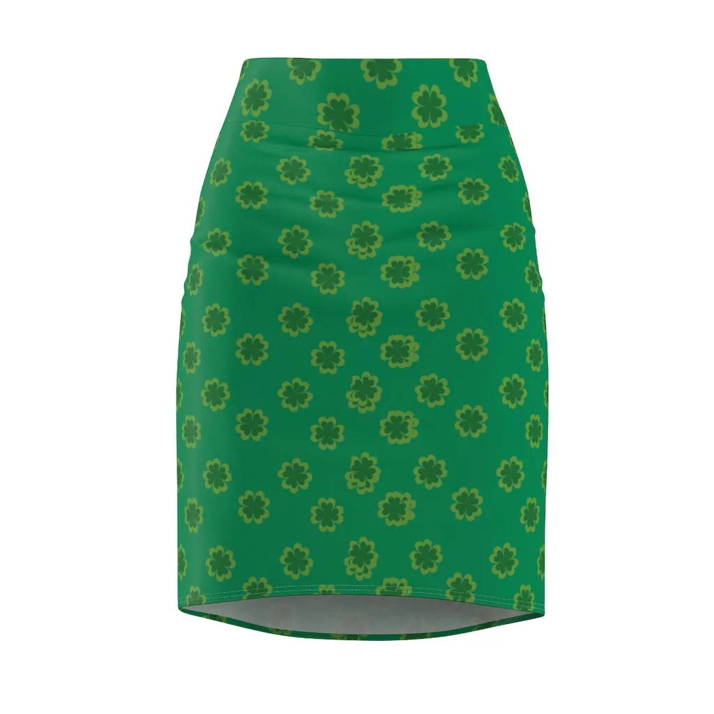 Lucky Irish Clover Pencil Skirt, Dark Green Clover Leaf Print St. Patrick's Day Women's Pencil Skirt- Made in USA