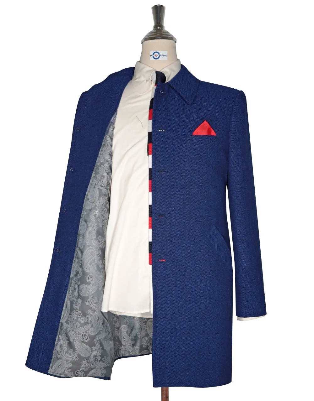 Mac Coat Men's | Vintage Style Blue Herringbone Mac Coat