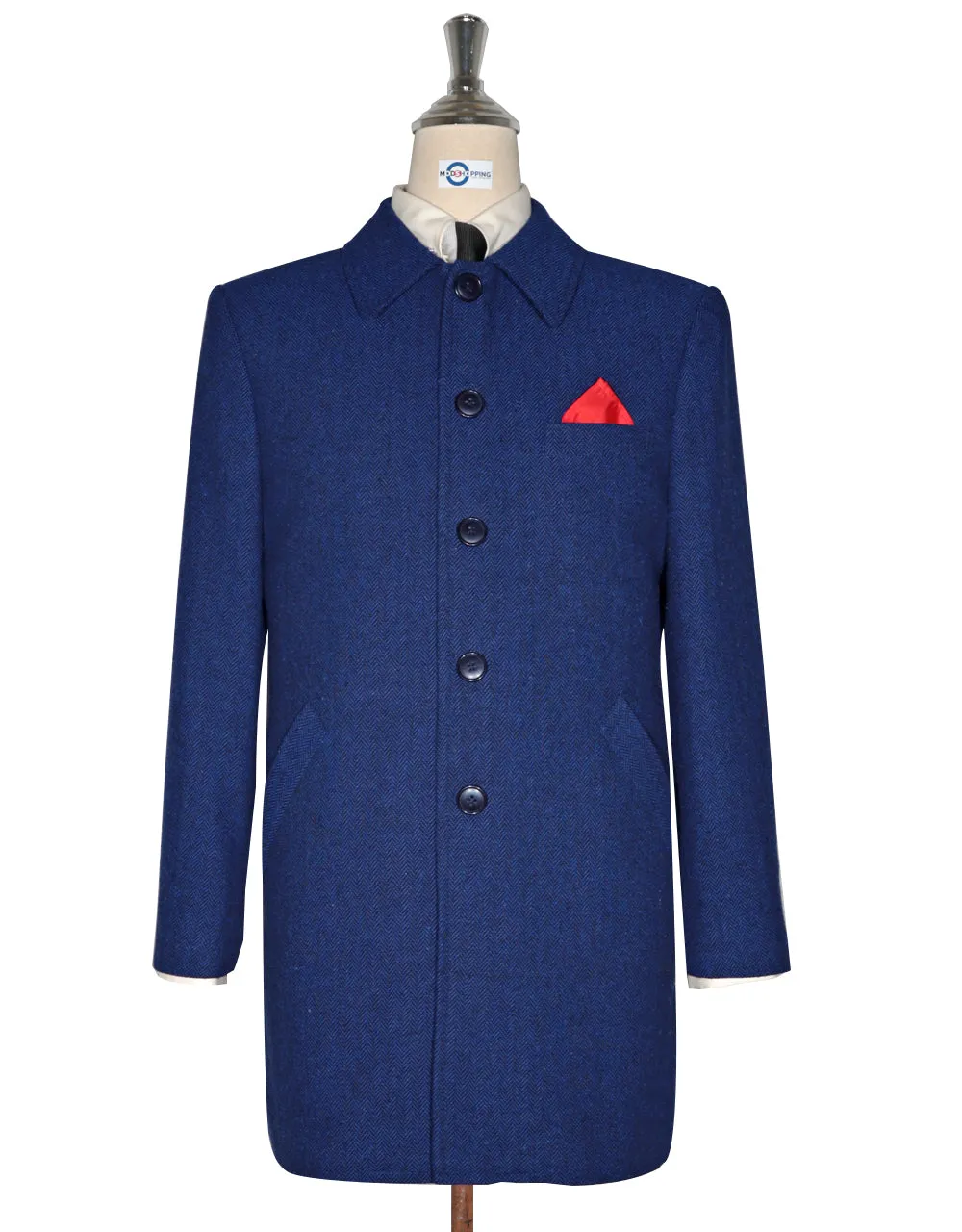 Mac Coat Men's | Vintage Style Blue Herringbone Mac Coat