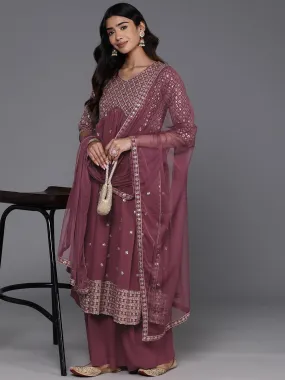 Mauve Embroidered Georgette A-Line Kurta With Palazzos & Dupatta