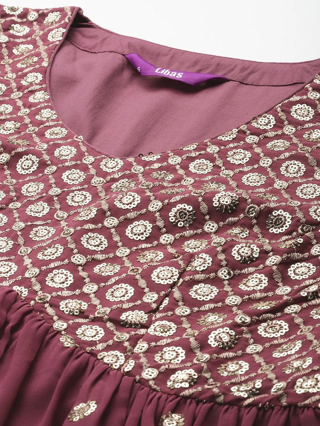 Mauve Embroidered Georgette A-Line Kurta With Palazzos & Dupatta