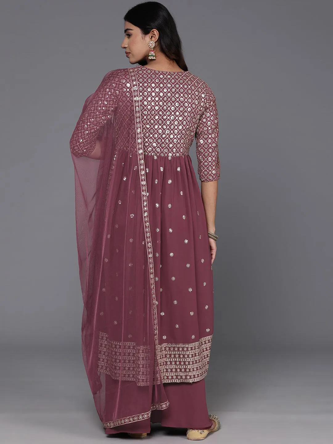 Mauve Embroidered Georgette A-Line Kurta With Palazzos & Dupatta