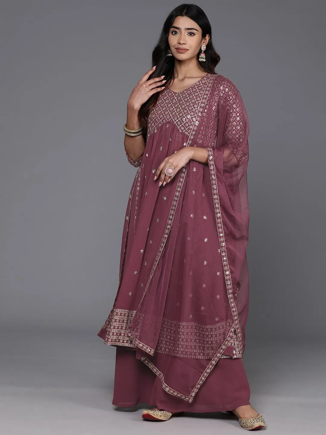 Mauve Embroidered Georgette A-Line Kurta With Palazzos & Dupatta