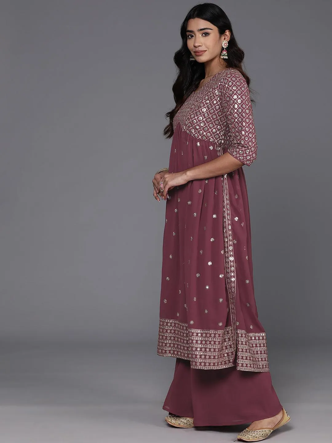 Mauve Embroidered Georgette A-Line Kurta With Palazzos & Dupatta